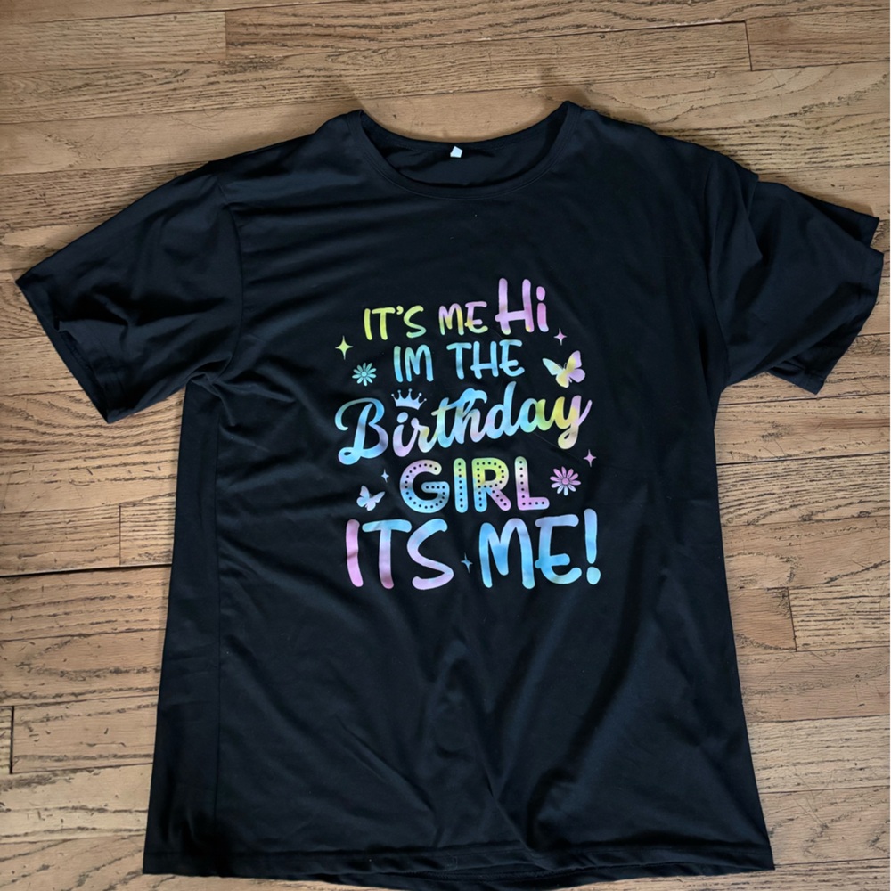 Black Graphic Tee with Rainbow Pastel Text